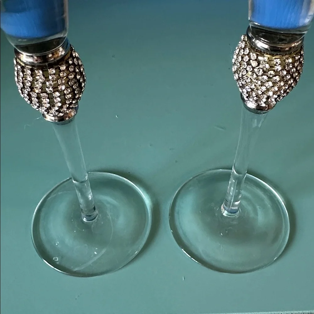 2 Elegant Glass Champagne Flutes with Silver Crystal  Accents
